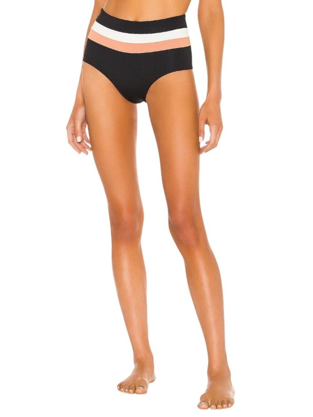 LSPACE Portia Stripe High Waist Bottoms in Black Cream Chestnut New Womens